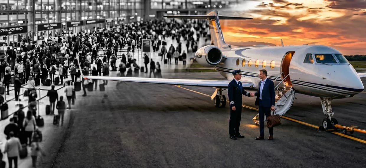 Private jet and commercial terminal comparison